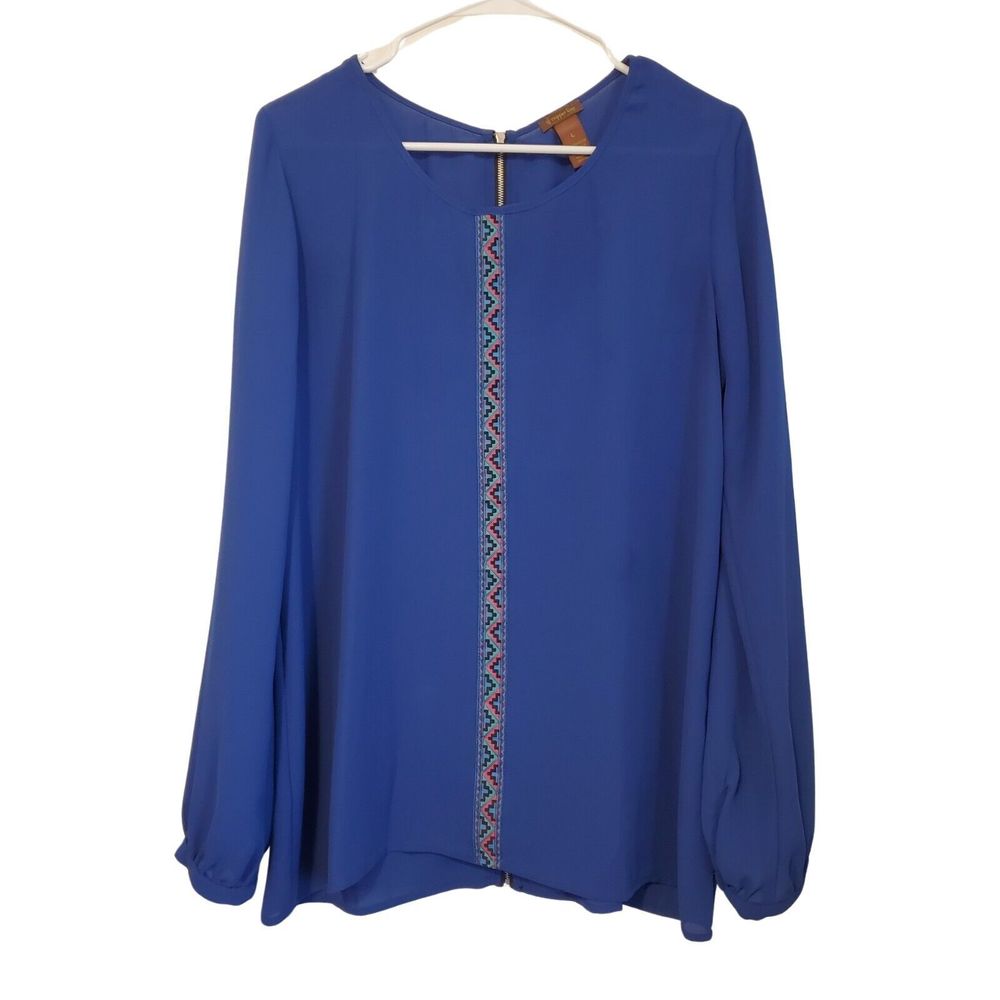 Copper Key Blue Long Sleeve Full Back Zip Blouse with Aztec Pattern Size L